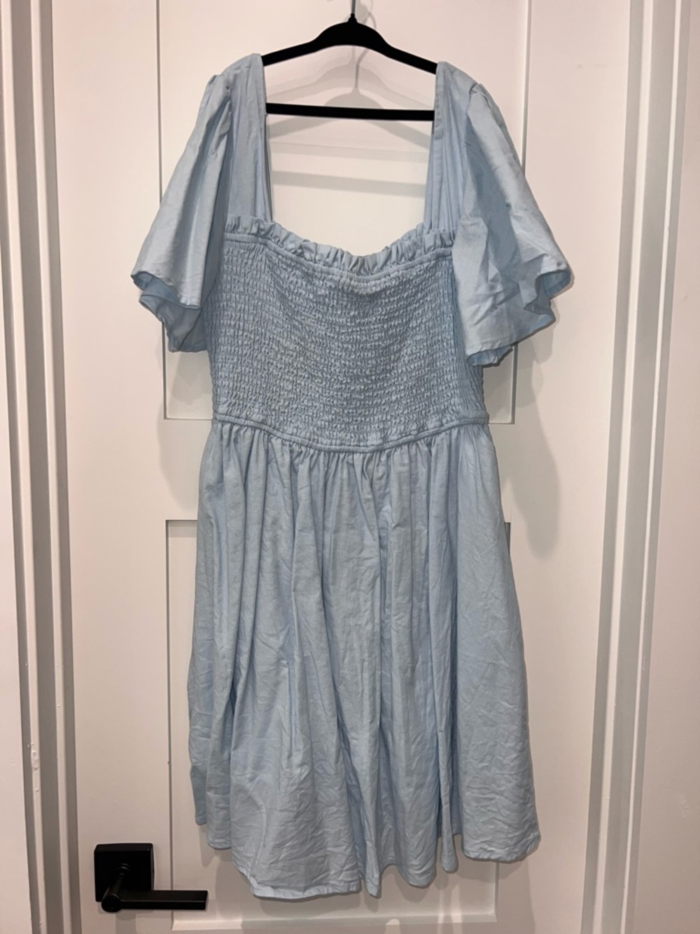 Light Blue Smocked Square-Neck Midi Dress